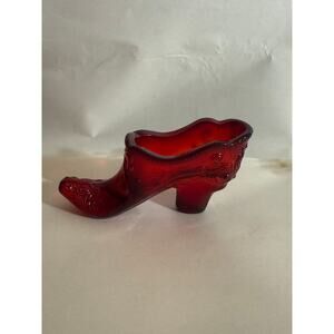 Mosser Ruby Red Glass Shoe Figurine Bow & Scroll